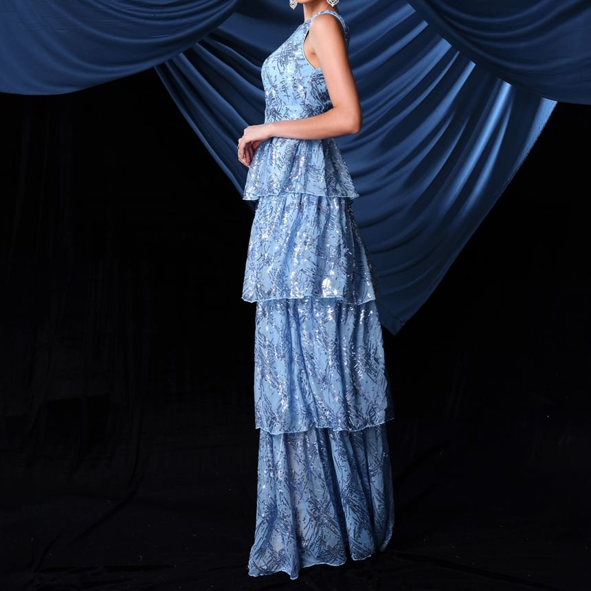 A-Line Evening Gown Tiered Sleeveless V-Neck Sequin Plunge