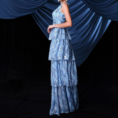 Sleeveless V-Neck Plunge Sequin Tiered A-Line Evening Gown
