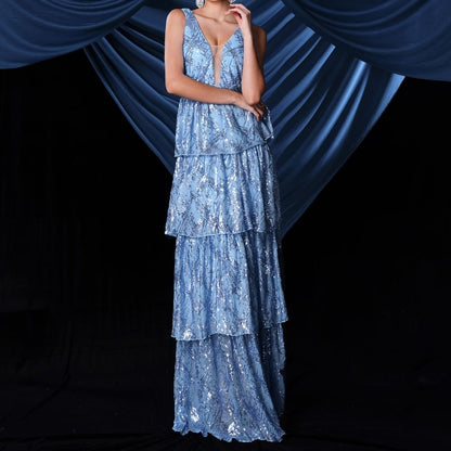 A-Line Evening Gown Tiered Sleeveless V-Neck Sequin Plunge