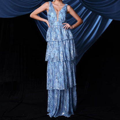 A-Line Evening Gown Tiered Sleeveless V-Neck Sequin Plunge
