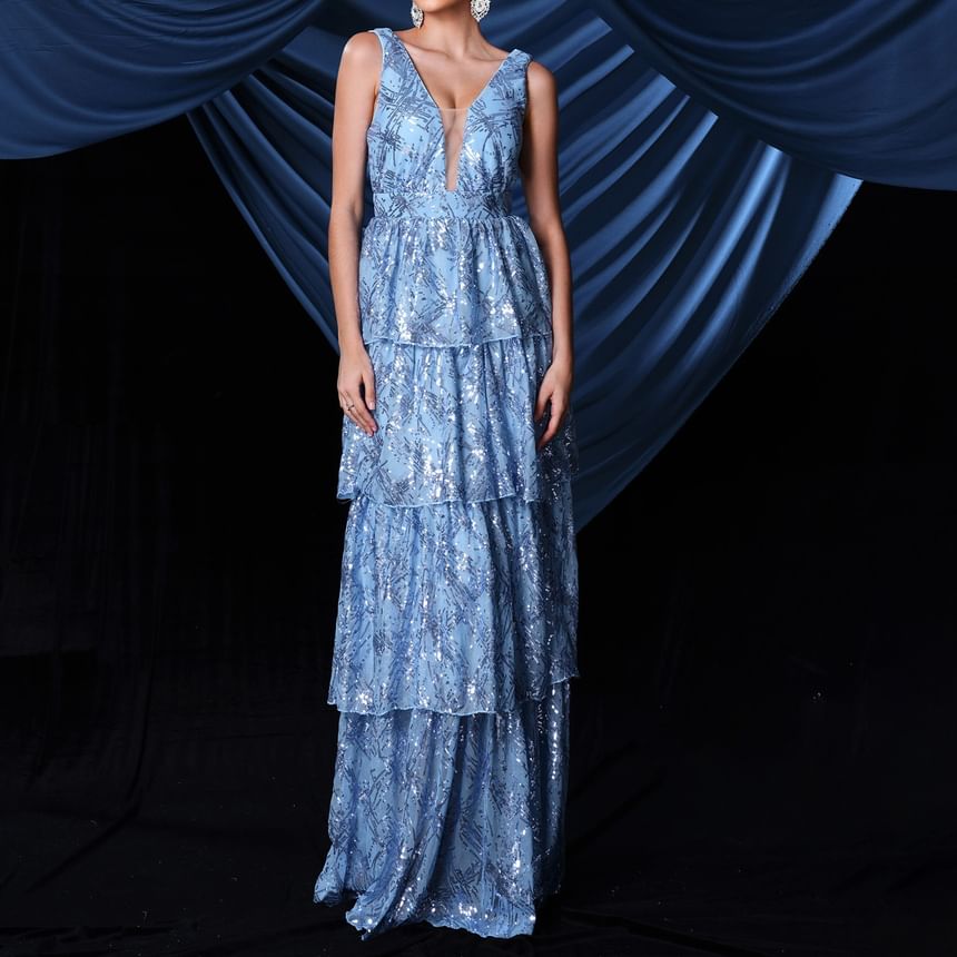 A-Line Evening Gown Tiered Sleeveless V-Neck Sequin Plunge