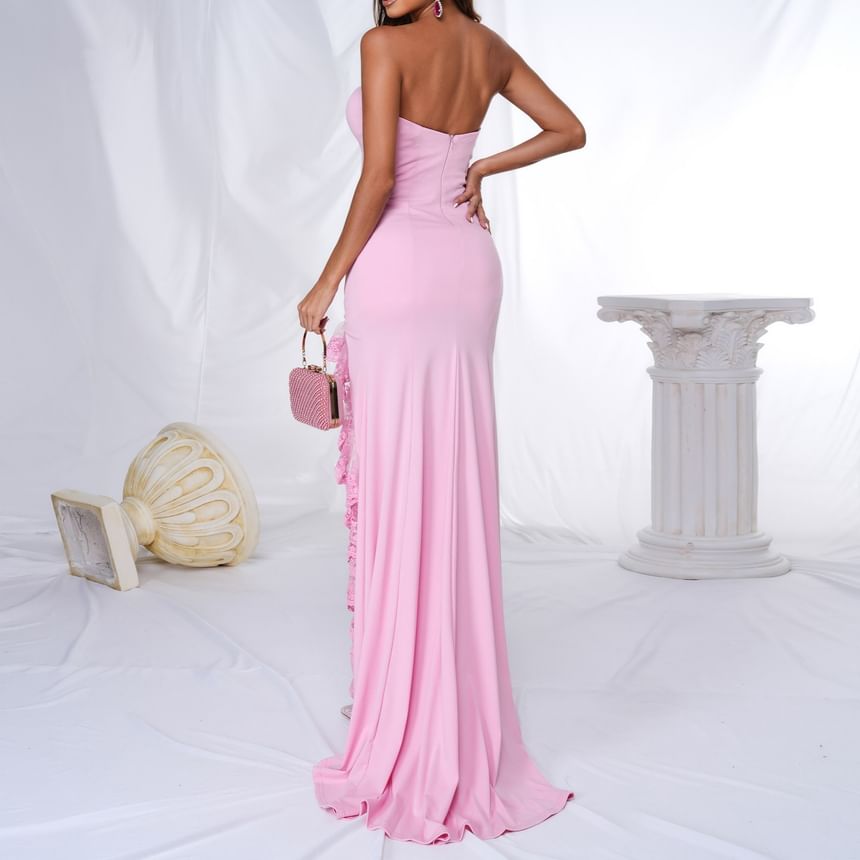 Strapless Plain Lace Panel Slit Bodycon Evening Gown