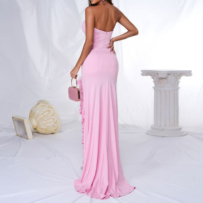 Strapless Plain Lace Panel Slit Bodycon Evening Gown
