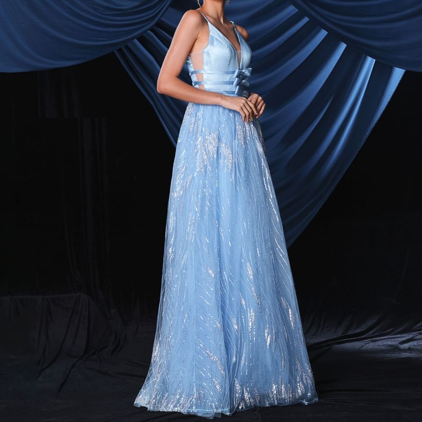 Spaghetti Strap V-Neck Sequin Bow Accent Open Back Mesh A-Line Evening Gown