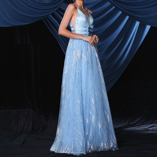 Spaghetti Strap V-Neck Sequin Bow Accent Open Back Mesh A-Line Evening Gown