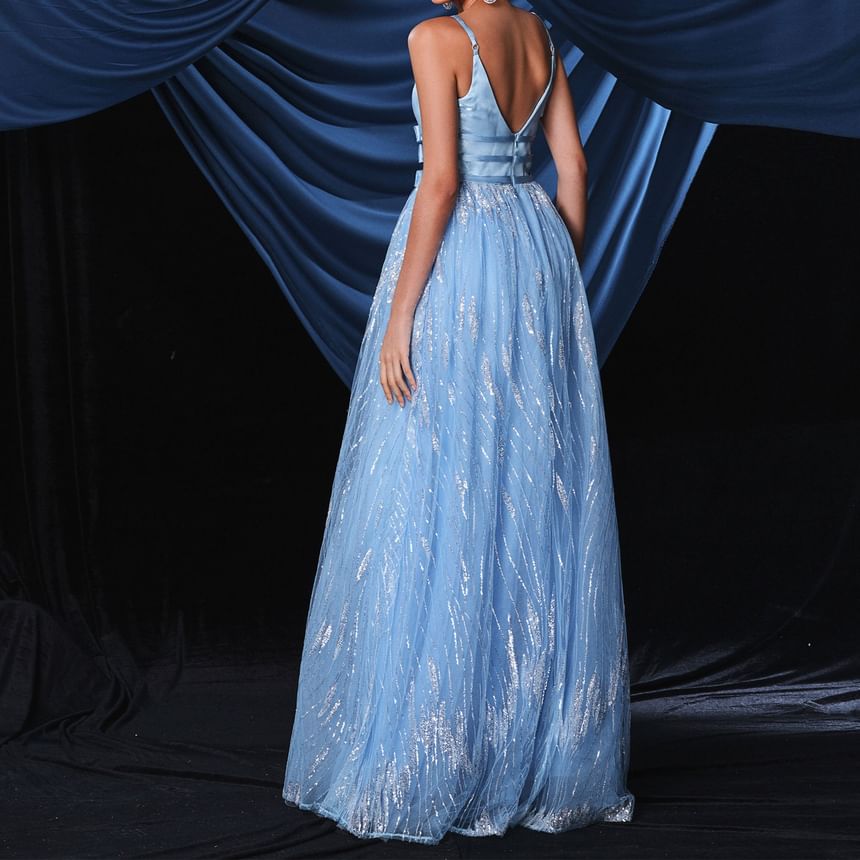 Spaghetti Strap V-Neck Sequin Bow Accent Open Back Mesh A-Line Evening Gown