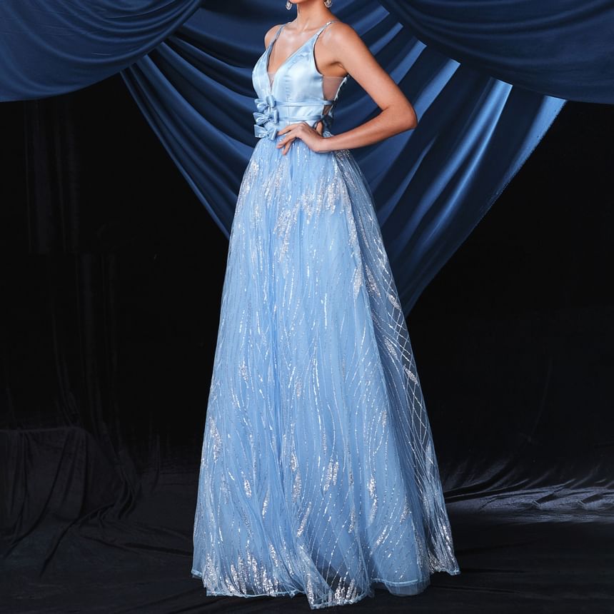 Back A-Line Sequin Bow Strap Accent Gown Spaghetti Open Evening Mesh V-Neck