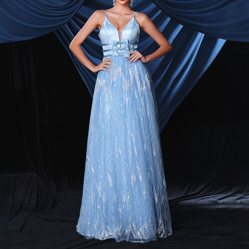 Spaghetti Strap V-Neck Sequin Bow Accent Open Back Mesh A-Line Evening Gown
