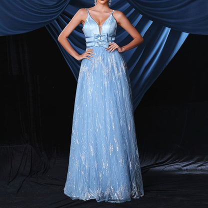 Spaghetti Strap V-Neck Sequin Bow Accent Open Back Mesh A-Line Evening Gown