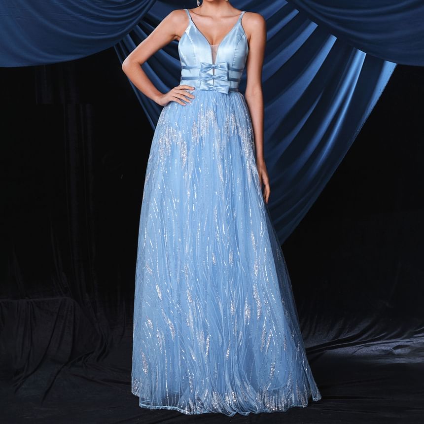 Spaghetti Strap V-Neck Sequin Bow Accent Open Back Mesh A-Line Evening Gown