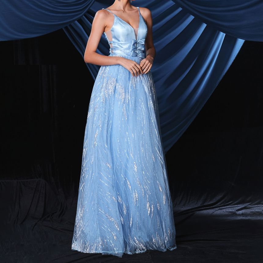 Spaghetti Strap V-Neck Sequin Bow Accent Open Back Mesh A-Line Evening Gown