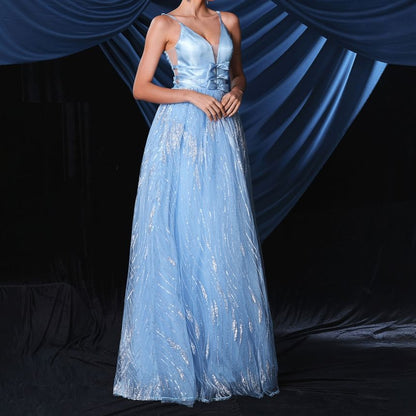 Spaghetti Strap V-Neck Sequin Bow Accent Open Back Mesh A-Line Evening Gown