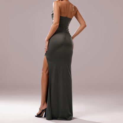 Strapless Plain Ruched Slit Bodycon Evening Gown