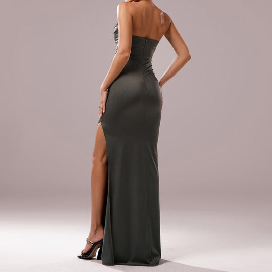 Strapless Plain Ruched Slit Bodycon Evening Gown