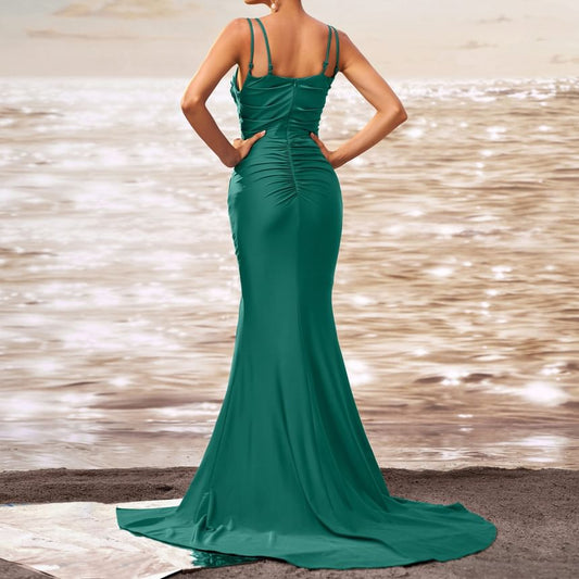 Spaghetti Strap Plain Ruched Trained Slit Mermaid Evening Gown