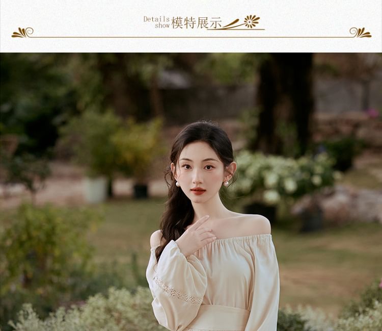 Long-Sleeve Scoop Neck Plain Blouse / High Rise Plain Lace Midi A-Line Skirt / Set