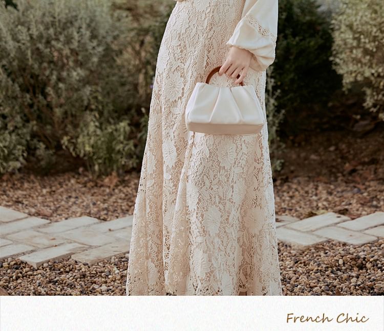 Long-Sleeve Scoop Neck Plain Blouse / High Rise Plain Lace Midi A-Line Skirt / Set