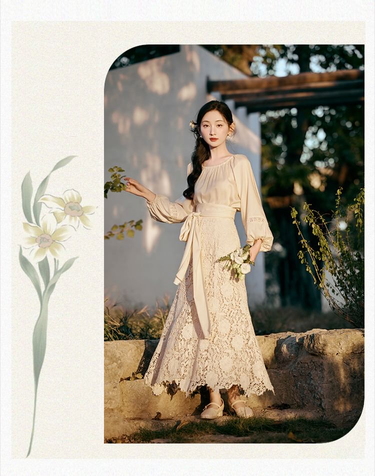 Long-Sleeve Scoop Neck Plain Blouse / High Rise Plain Lace Midi A-Line Skirt / Set