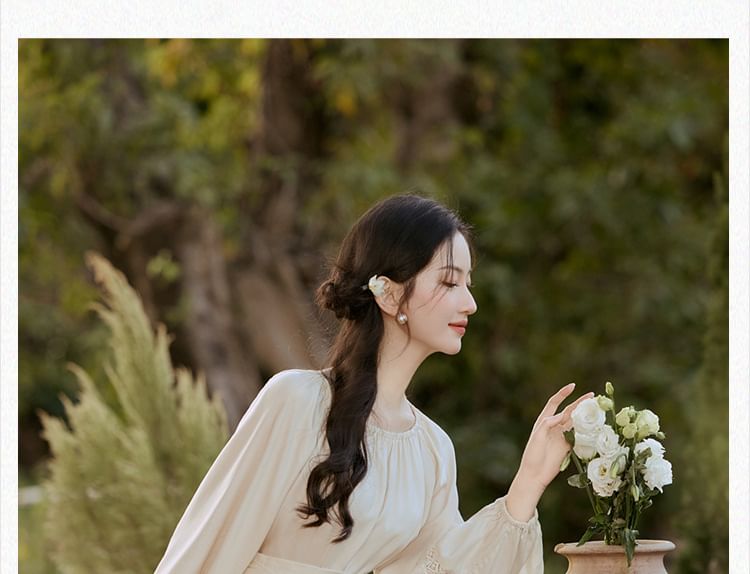 Long-Sleeve Scoop Neck Plain Blouse / High Rise Plain Lace Midi A-Line Skirt / Set