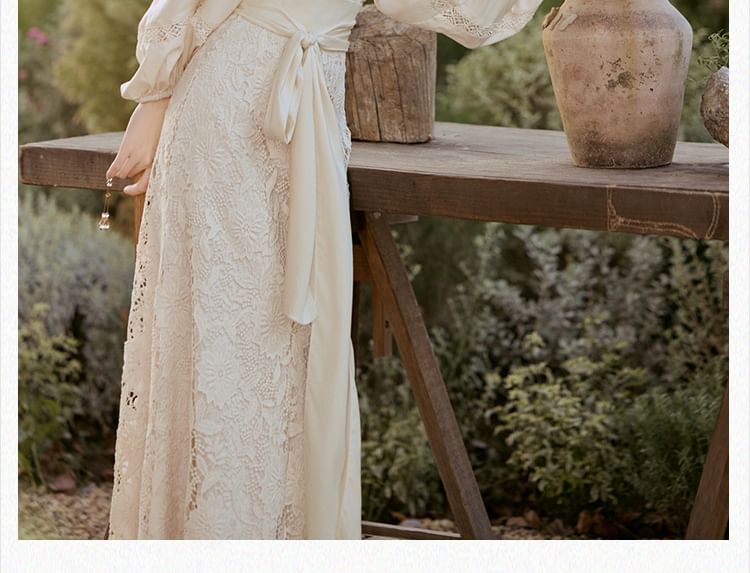 Long-Sleeve Scoop Neck Plain Blouse / High Rise Plain Lace Midi A-Line Skirt / Set