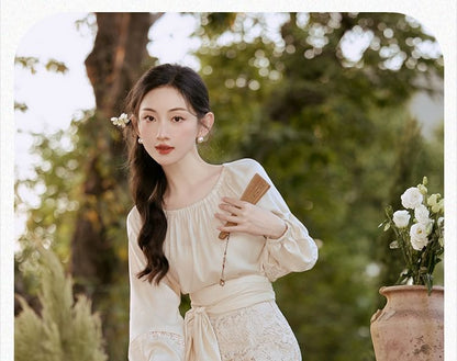 Long-Sleeve Scoop Neck Plain Blouse / High Rise Plain Lace Midi A-Line Skirt / Set