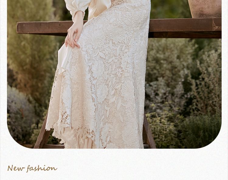 Long-Sleeve Scoop Neck Plain Blouse / High Rise Plain Lace Midi A-Line Skirt / Set