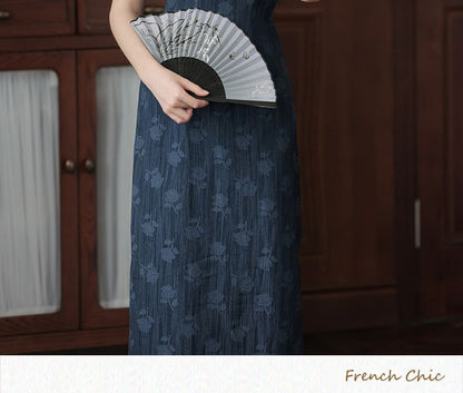 Short-Sleeve Flower Print Midi Qipao / 3/4-Sleeve Lace Cardigan / Set