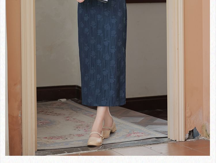 Short-Sleeve Flower Print Midi Qipao / 3/4-Sleeve Lace Cardigan / Set