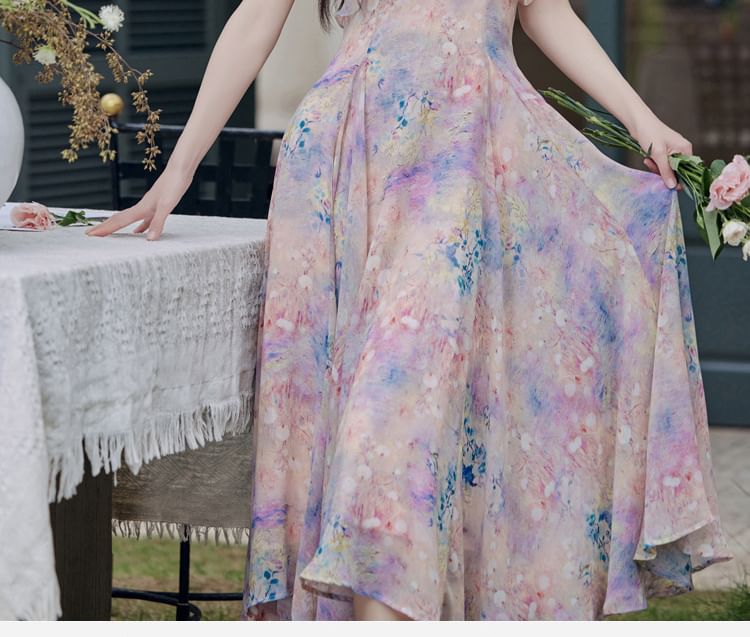 Spaghetti Strap Floral Ruffle Trim Maxi A-Line Dress / Plain Crop Cardigan / Set