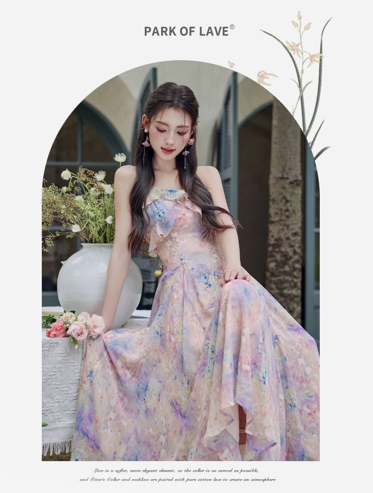 Spaghetti Strap Floral Ruffle Trim Maxi A-Line Dress / Plain Crop Cardigan / Set