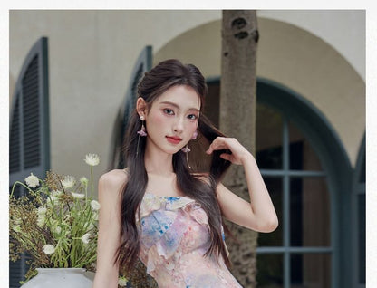 Spaghetti Strap Floral Ruffle Trim Maxi A-Line Dress / Plain Crop Cardigan / Set