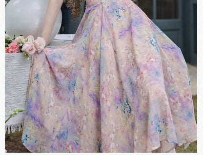 Spaghetti Strap Floral Ruffle Trim Maxi A-Line Dress / Plain Crop Cardigan / Set