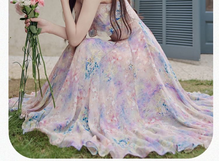 Spaghetti Strap Floral Ruffle Trim Maxi A-Line Dress / Plain Crop Cardigan / Set