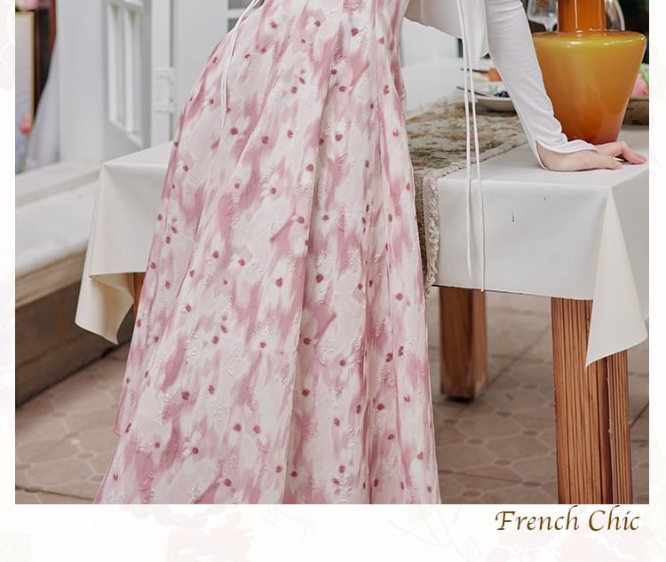 Spaghetti Strap V-Neck Floral Print Midi A-Line Dress / Plain Light Cardigan / Set