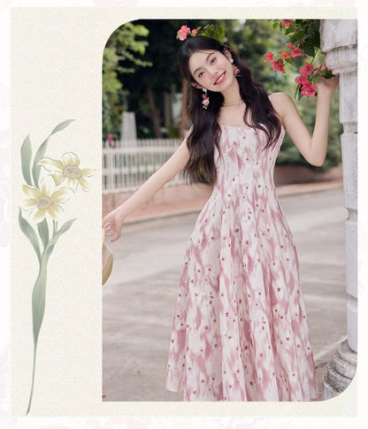 Spaghetti Strap V-Neck Floral Print Midi A-Line Dress / Plain Light Cardigan / Set