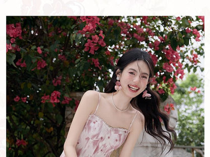 Spaghetti Strap V-Neck Floral Print Midi A-Line Dress / Plain Light Cardigan / Set