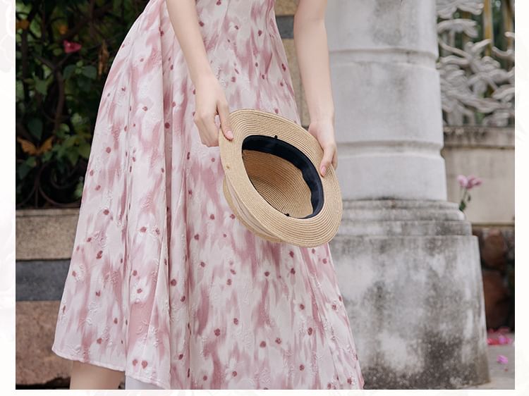 Spaghetti Strap V-Neck Floral Print Midi A-Line Dress / Plain Light Cardigan / Set