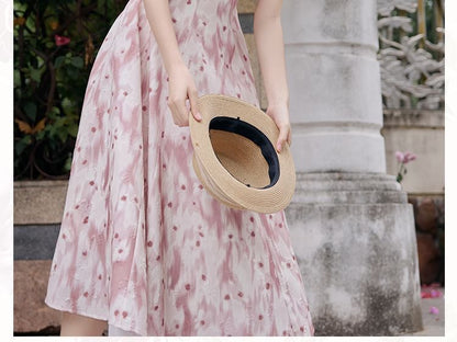 Spaghetti Strap V-Neck Floral Print Midi A-Line Dress / Plain Light Cardigan / Set