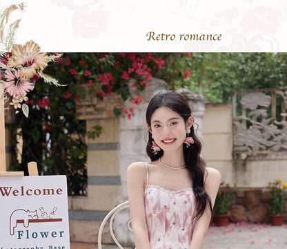 Spaghetti Strap V-Neck Floral Print Midi A-Line Dress / Plain Light Cardigan / Set