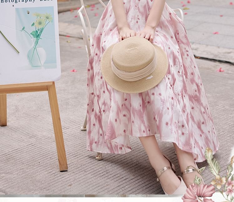 Spaghetti Strap V-Neck Floral Print Midi A-Line Dress / Plain Light Cardigan / Set