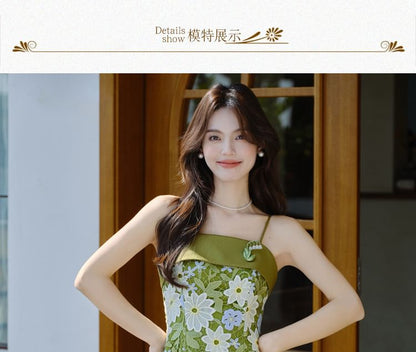 Spaghetti Strap Floral Print Midi A-Line Dress / Plain Crop Cardigan / Set