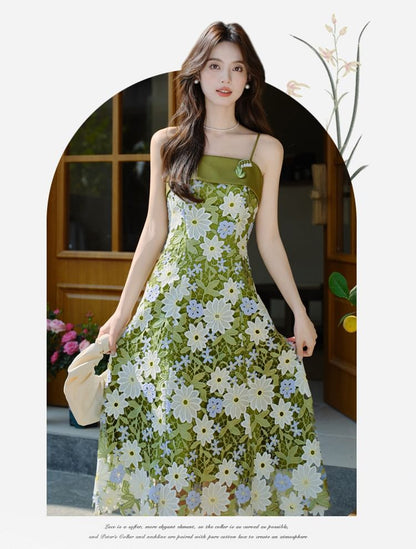 Spaghetti Strap Floral Print Midi A-Line Dress / Plain Crop Cardigan / Set