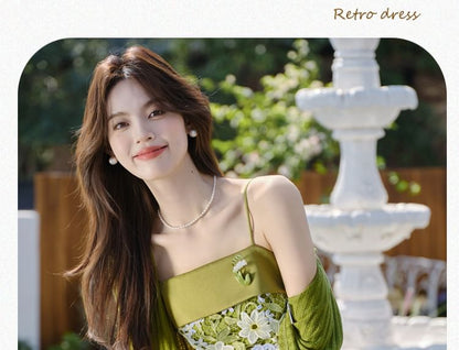 Spaghetti Strap Floral Print Midi A-Line Dress / Plain Crop Cardigan / Set