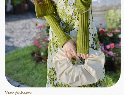 Spaghetti Strap Floral Print Midi A-Line Dress / Plain Crop Cardigan / Set