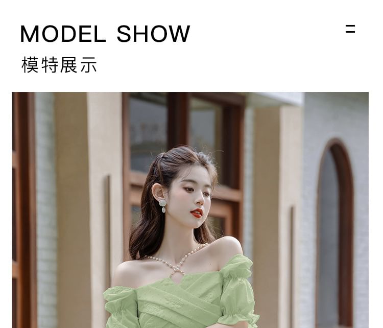 Elbow-Sleeve Cold Shoulder Plain Midi A-Line Dress