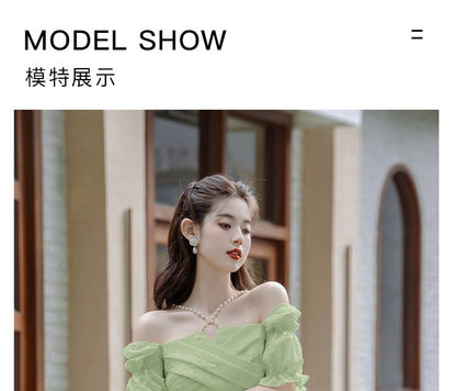 Elbow-Sleeve Cold Shoulder Plain Midi A-Line Dress