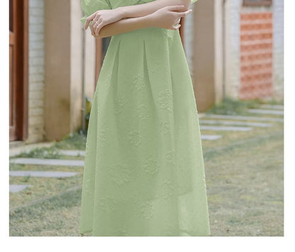 Elbow-Sleeve Cold Shoulder Plain Midi A-Line Dress