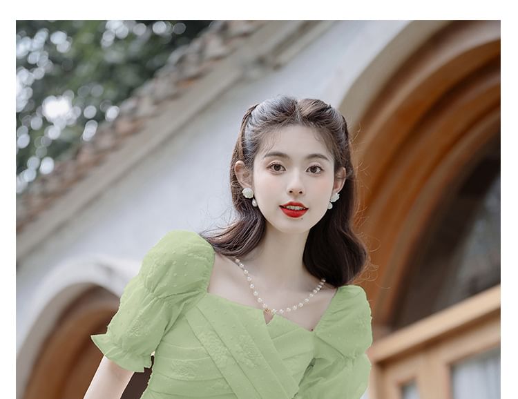 Elbow-Sleeve Cold Shoulder Plain Midi A-Line Dress