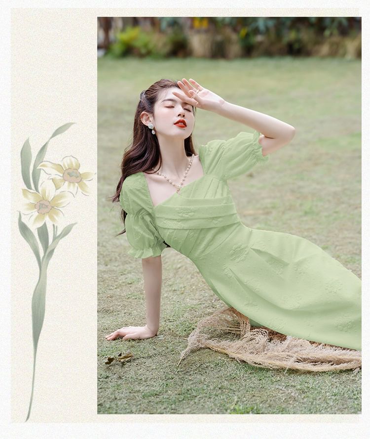 Elbow-Sleeve Cold Shoulder Plain Midi A-Line Dress