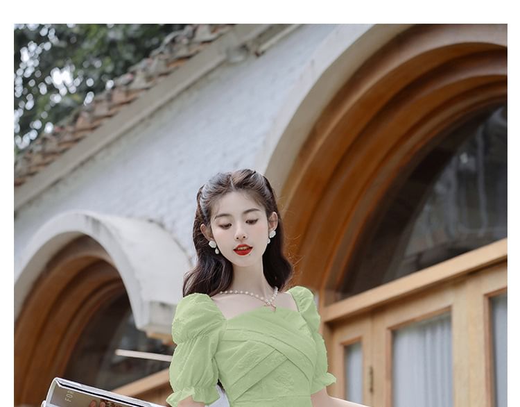 Elbow-Sleeve Cold Shoulder Plain Midi A-Line Dress